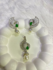 Elegant Pearl Drop CZ Stone Pendant Set – Multi-Color Variants