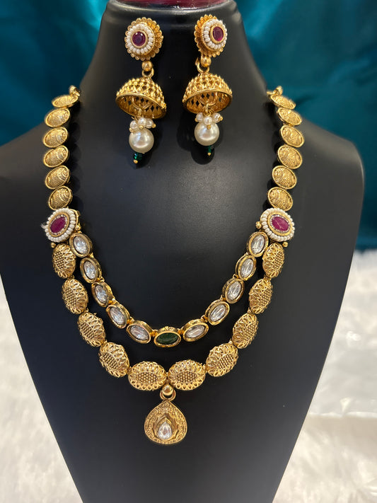 Dual Lined Gold Plated Necklace Set – Elegant Traditional Jewelry for Women