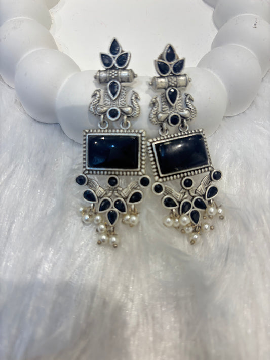 Oxidized Long Peacock Design Stone Earrings