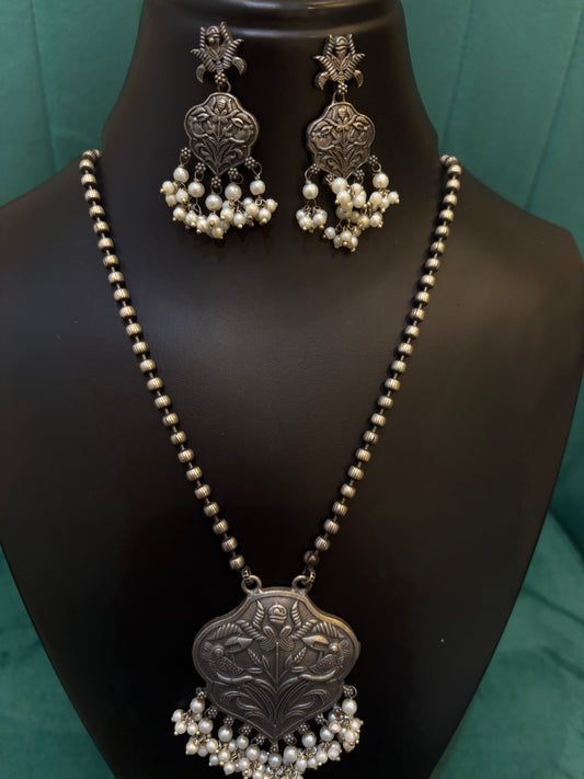 Oxidized Silver Necklace Set with Pearl Drops – Floral & Bird Motif Design