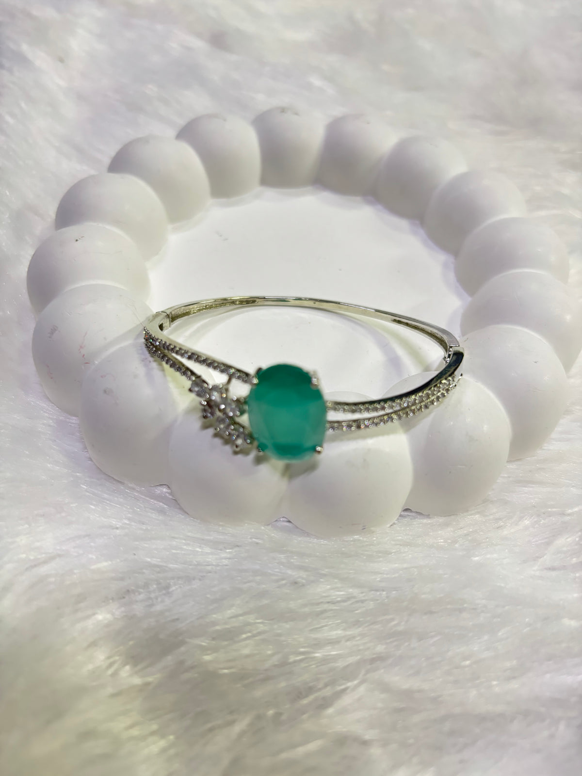 Silver Teal Stone Kada – Elegant Designer Bangle