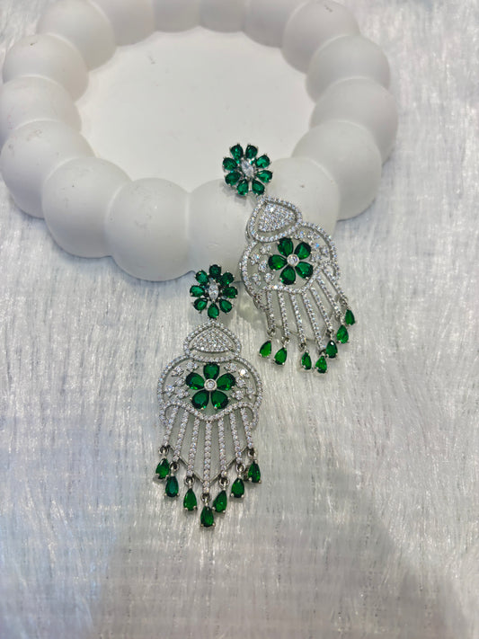 Emerald Green & CZ Floral Tassel Dangler Earrings