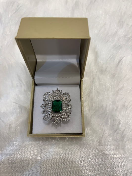 AD Designed Emerald Squared Center Ring – Elegant Green Stone American Diamond Jewelry