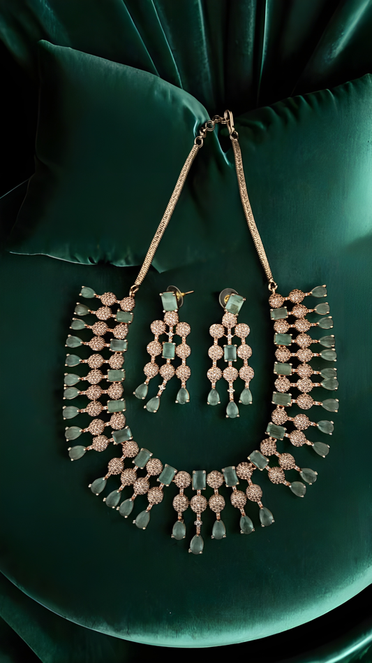Teal Stoned Rose Gold Haar Set – Elegant Long Necklace for Bridal & Festive Wear