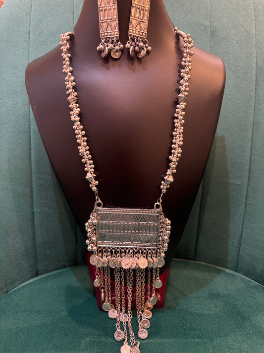 Oxidized Silver Tribal Coin Necklace Set with Earrings – Boho Statement Jewelry