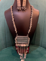 Oxidized Silver Tribal Coin Necklace Set with Earrings – Boho Statement Jewelry