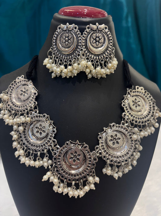 Oxidized Silver Necklace Set with Pearl Beads – Traditional Jewelry for Women