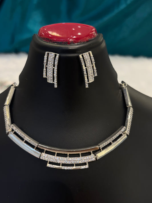 AD Silver Snake Design Necklace Set – Stylish American Diamond Jewelry with Serpent Motif