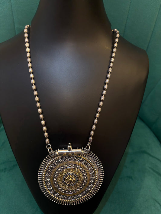Round Oxidized Silver Necklace with Antique Pendant – Statement Tribal Jewelry