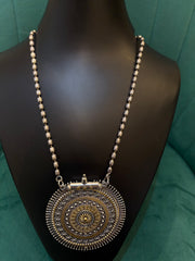 Round Oxidized Silver Necklace with Antique Pendant – Statement Tribal Jewelry