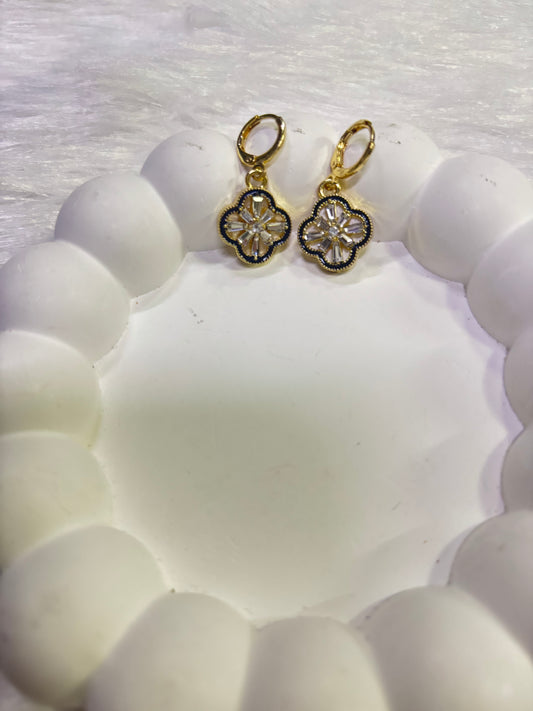 Gold-Plated Clover Drop Earrings – Crystal & Black Enamel Variants