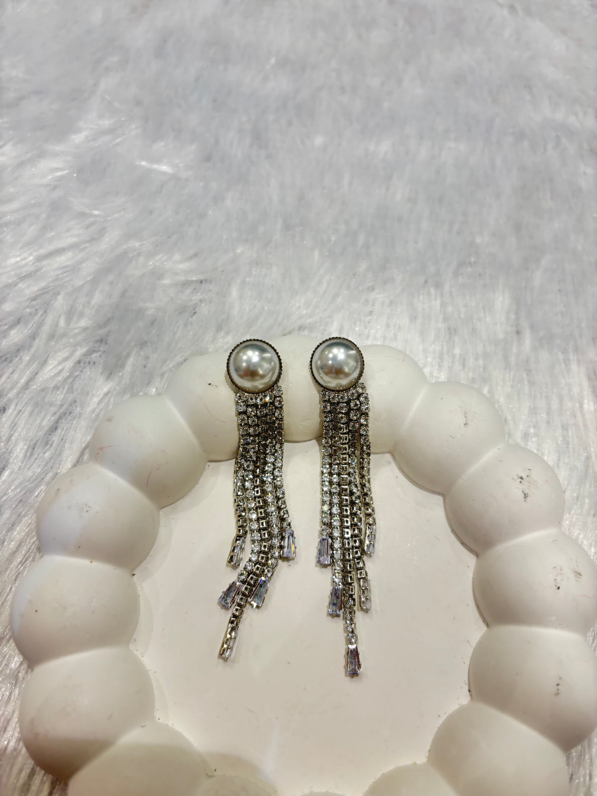 Pearl Studded Silver Crystal Tassel Earrings