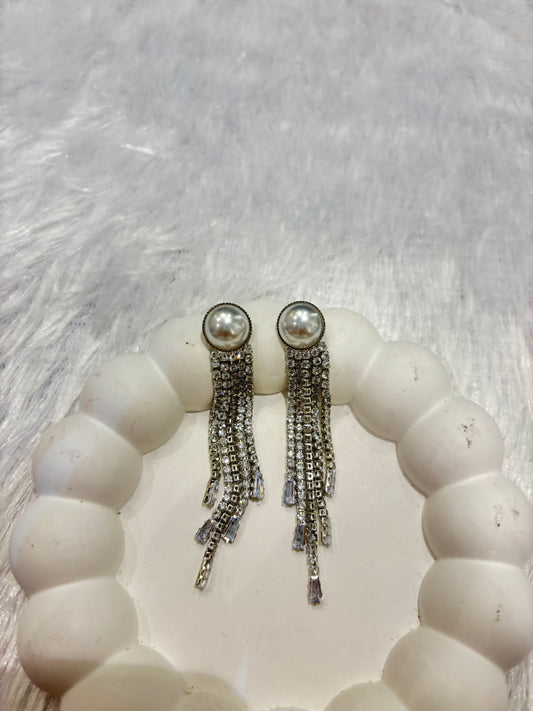 Pearl Studded Silver Crystal Tassel Earrings