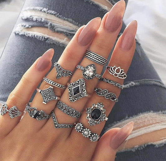 15 Pcs Jewels Galaxy Oxidized Stackable Rings Set – Antique Silver Boho Finger Jewelry