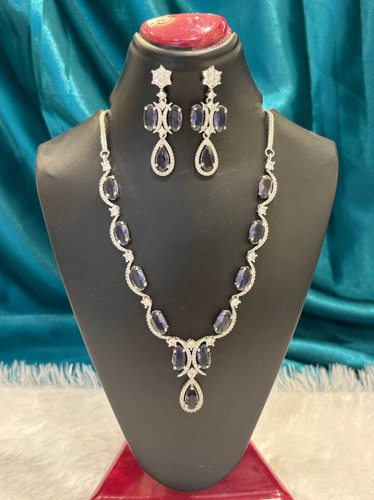 Purple Stone AD Silver Plated Necklace Set – Elegant American Diamond Jewelry for Women
