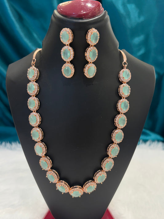 Teal Small Stones Rose Gold Plated Necklace Set – Elegant Minimal Jewelry for Women