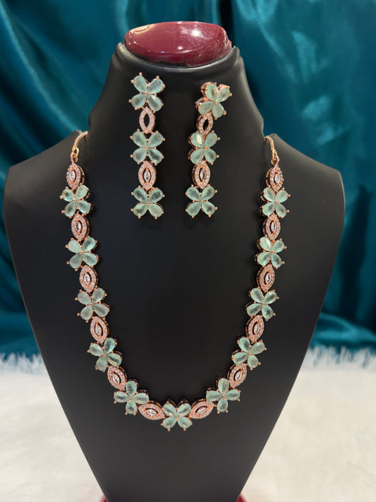 Teal Flower AD Rose Gold Plated Necklace Set – Elegant Floral American Diamond Jewelry