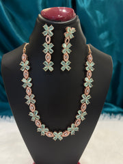Teal Flower AD Rose Gold Plated Necklace Set – Elegant Floral American Diamond Jewelry