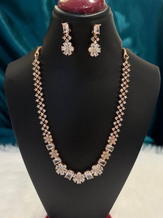 Clear AD Stone Flower Design Rose Gold Plated Necklace Set – Elegant Bridal Floral Jewelry