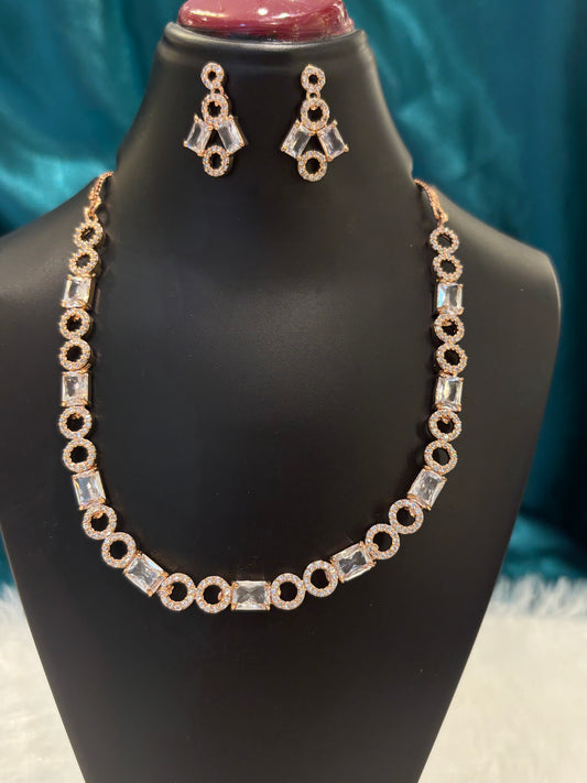 Clear AD Stones Square and Circle Design Rose Gold Plated Necklace Set – Modern Geometric Jewelry for Women