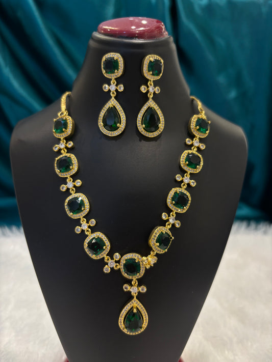 Square Shaped Emerald Stone Gold Plated Necklace Set – Elegant Green Stone Jewelry for Women