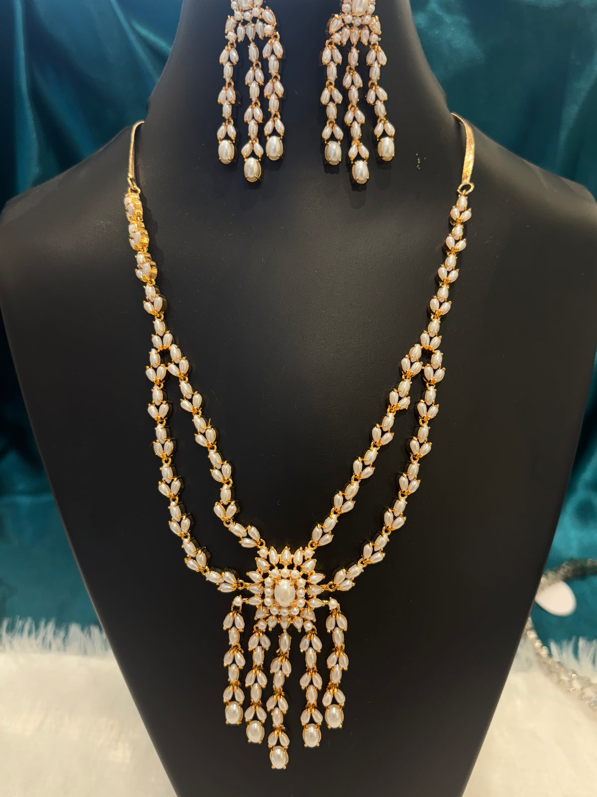 Ruby, Emerald and White Pearl Long Gold Plated Necklace Set – Traditional Bridal Jewelry for Women