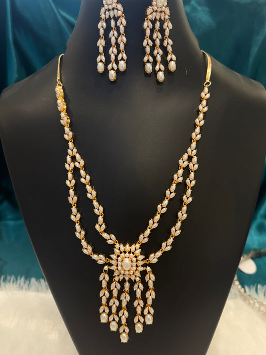 Ruby, Emerald and White Pearl Long Gold Plated Necklace Set – Traditional Bridal Jewelry for Women