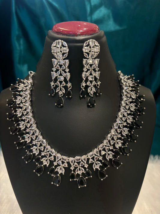 Heavy Black Stone AD Silver Plated Necklace Set – Bold Bridal & Party Wear Jewelry