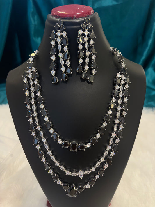 AD and Black Stone Three Layered Necklace Set – Elegant Multi-Layer Statement Jewelry