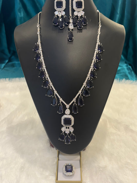 Long Nita Ambani Tear Drop AD Stone Necklace Set – Luxurious Bridal Statement Jewelry