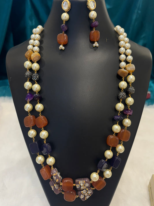Pearls, Beads & Stones Long Brown Toned Mala Set – Traditional Layered Jewelry for Women
