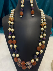Pearls, Beads & Stones Long Brown Toned Mala Set – Traditional Layered Jewelry for Women