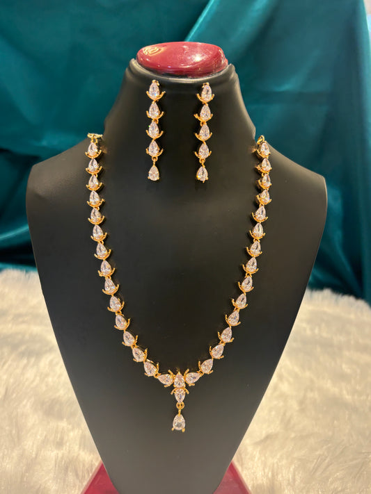 AD Rose Gold Tear Drop Design Necklace Set – Elegant American Diamond Jewelry in Rose Gold Finish