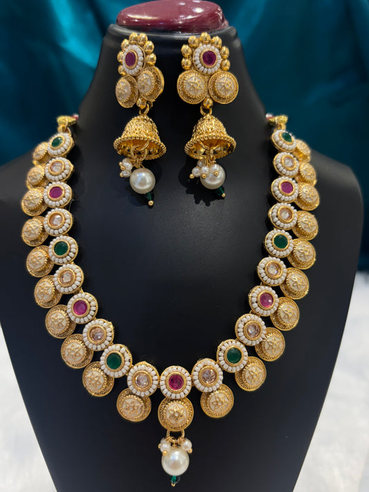 Multicolour Circle Gold Plated Necklace Set – Vibrant Ethnic Jewelry for Festive Wear