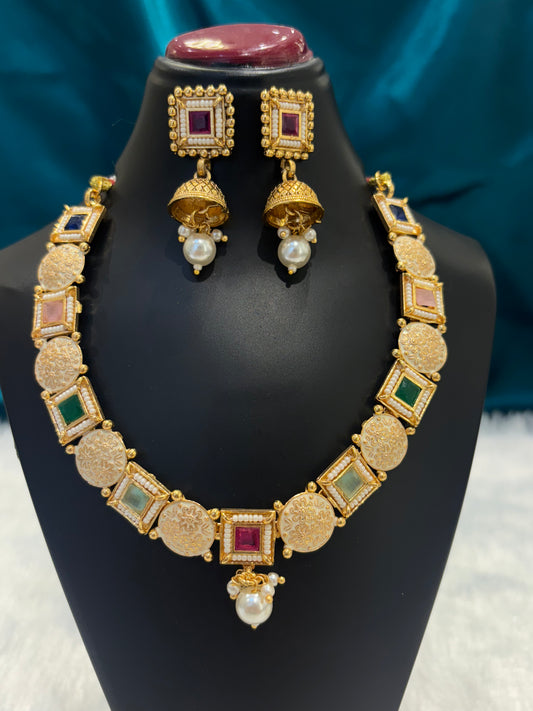 Square Multicolour Gold Plated Necklace Set – Vibrant Geometric Traditional Jewelry