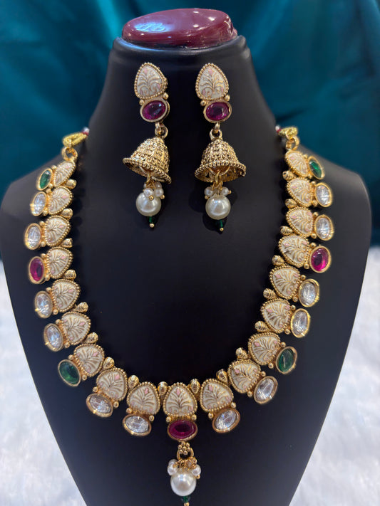Triangle Multicolour Stones Gold Plated Necklace Set – Geometric Festive Jewelry for Women