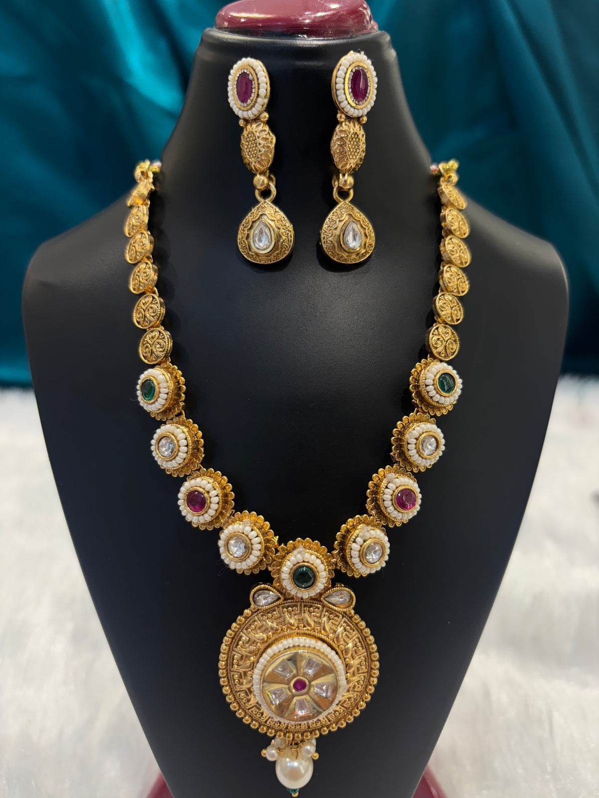 Circle Green & Red Stoned Gold Plated Necklace Set – Traditional Festive Jewelry