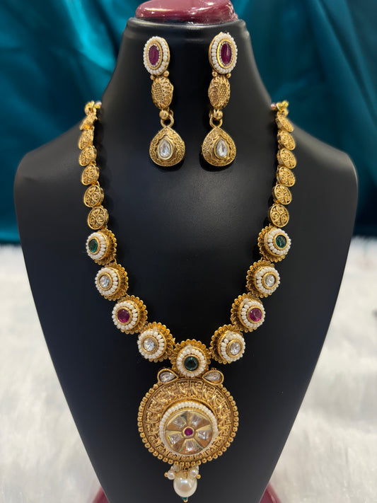 Circle Green & Red Stoned Gold Plated Necklace Set – Traditional Festive Jewelry