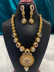 Circle Green & Red Stoned Gold Plated Necklace Set – Traditional Festive Jewelry