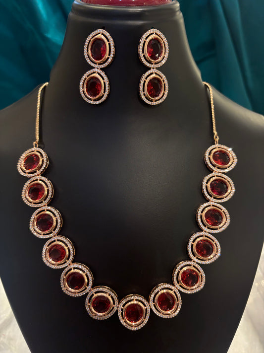 Big Oval Ruby and Emerald Rose Gold Plated Necklace Set – Bold Bridal & Party Wear Jewelry