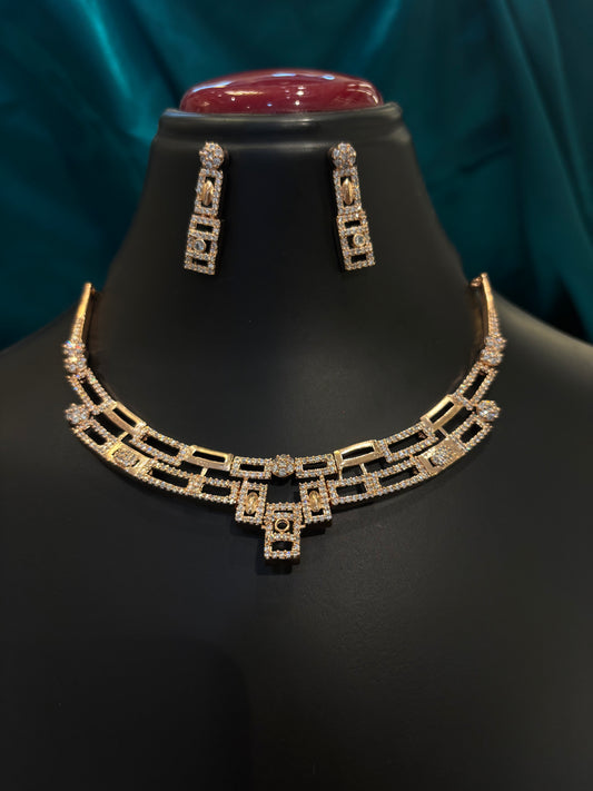 Clear Stone Unique Design Rose Gold Necklace Set – Elegant Modern Jewelry for Women