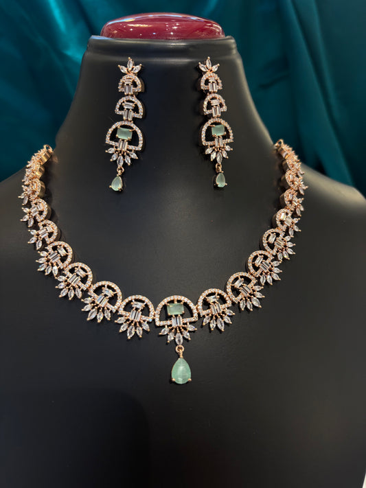 Rose Gold & Teal Flower Design Necklace Set – Elegant Floral Jewelry for Women