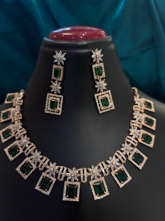 Emerald Square & Rose Gold Plated Necklace Set – Elegant Geometric Jewelry for Women