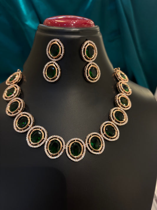 Big Oval Ruby and Emerald Rose Gold Plated Necklace Set – Bold Bridal & Party Wear Jewelry