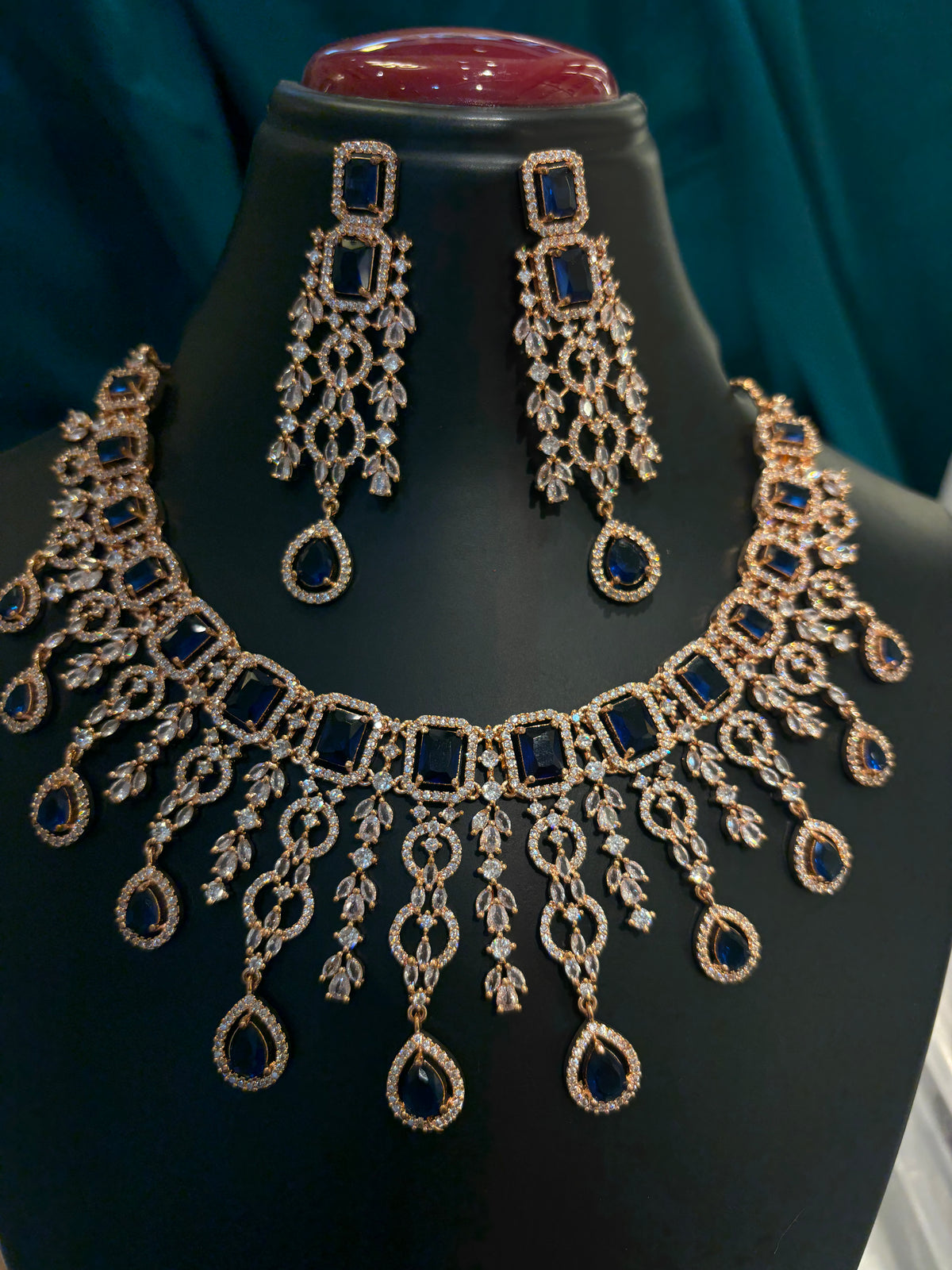 Heavy Rose Gold Plated Haar with Blue Stone – Grand Bridal & Festive Long Necklace Set