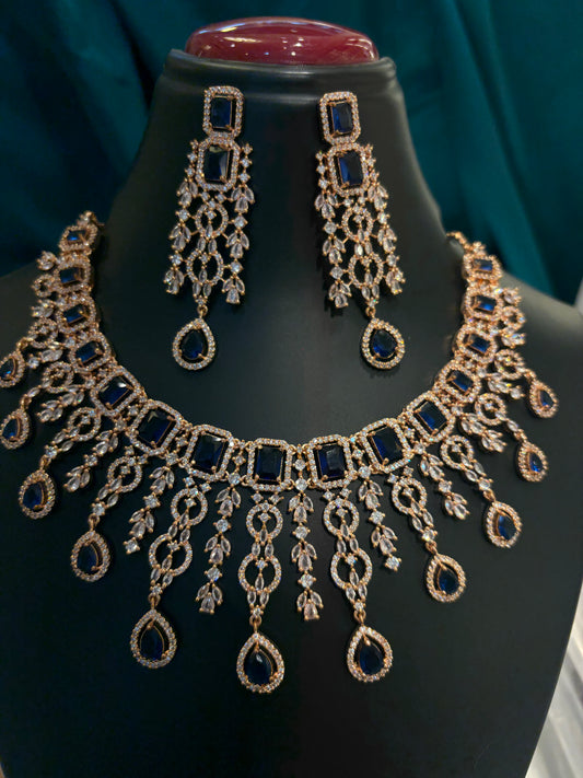 Heavy Rose Gold Plated Haar with Blue Stone – Grand Bridal & Festive Long Necklace Set