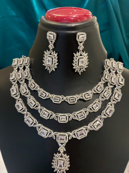 Three Layered AD Silver Plated Haar Set – Elegant Multi-Strand Bridal & Festive Necklace