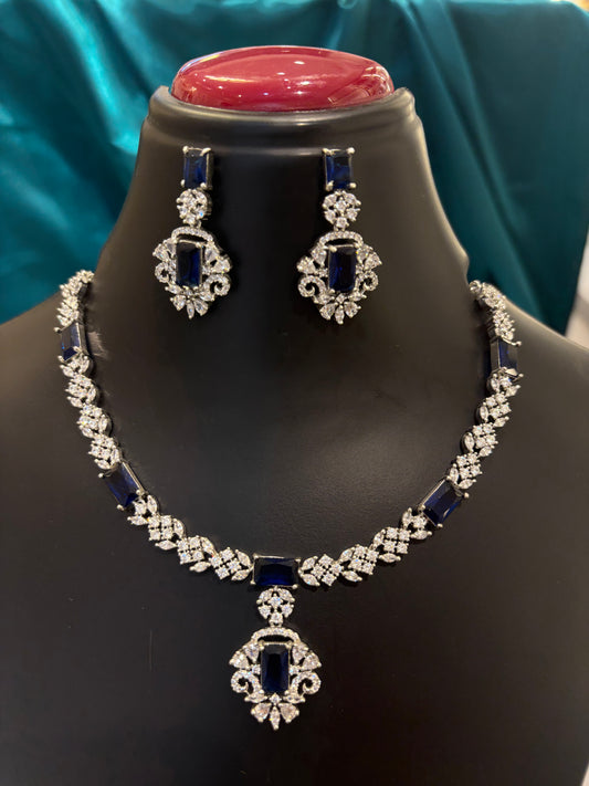 Blue Stone AD Silver Plated Traditional Necklace Set – Simple & Elegant Ethnic Jewelry