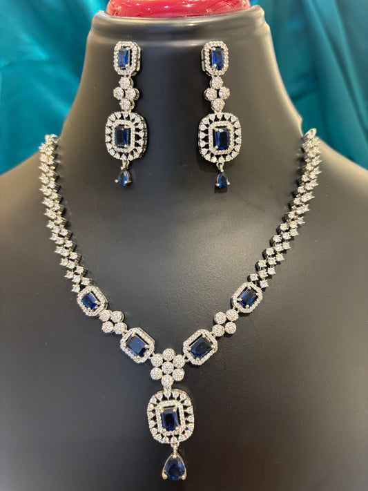 Blue Square Dangling AD Silver Plated Necklace Set – Elegant Party & Festive Jewelry