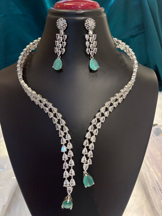 Long AD Unique Silver Coated Necklace Set – Statement American Diamond Jewelry for Women